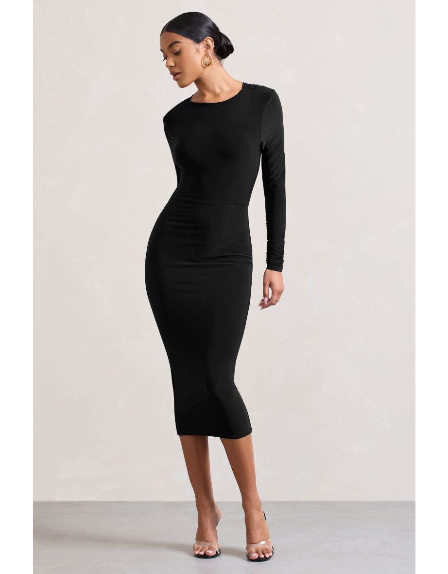 Dynasty Darling | Black Cowl-Neck Long-Sleeved Bodycon Midi Dress - 4