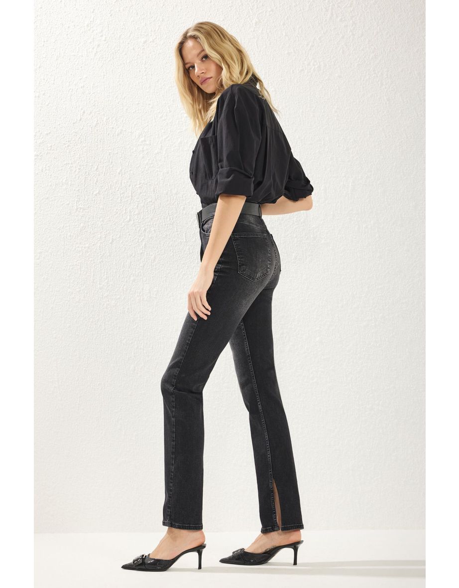 Black Slit Super High Waist Slim Flare Jeans - 5