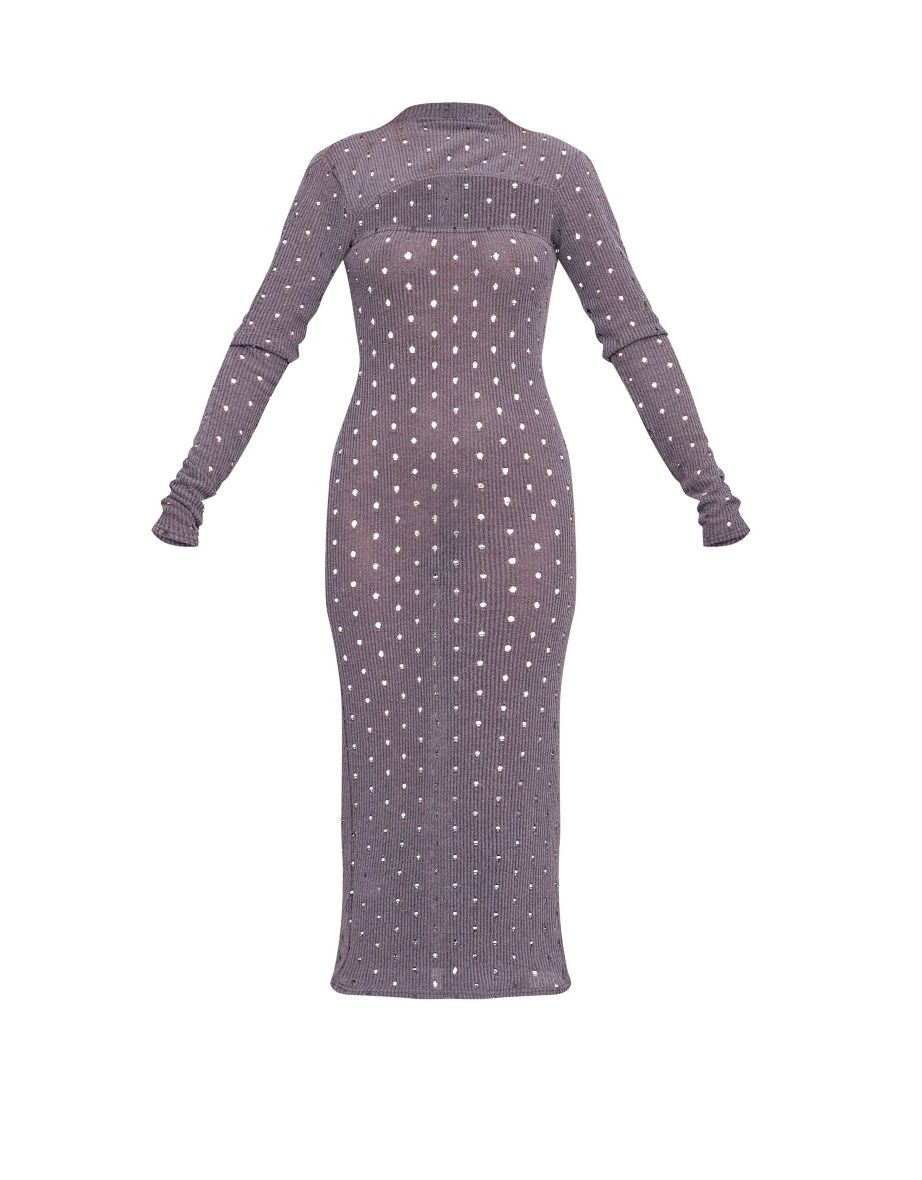 Charcoal Grey Ribbed Long Sleeve Cut Out Midaxi Dress - 4