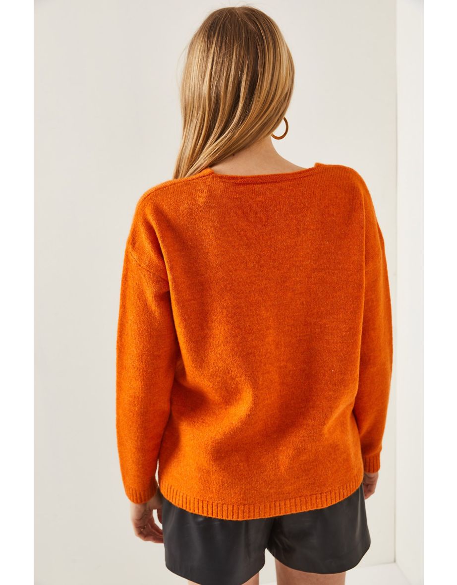 Women's Orange V-Neck Soft Textured Knitwear Sweater - 4