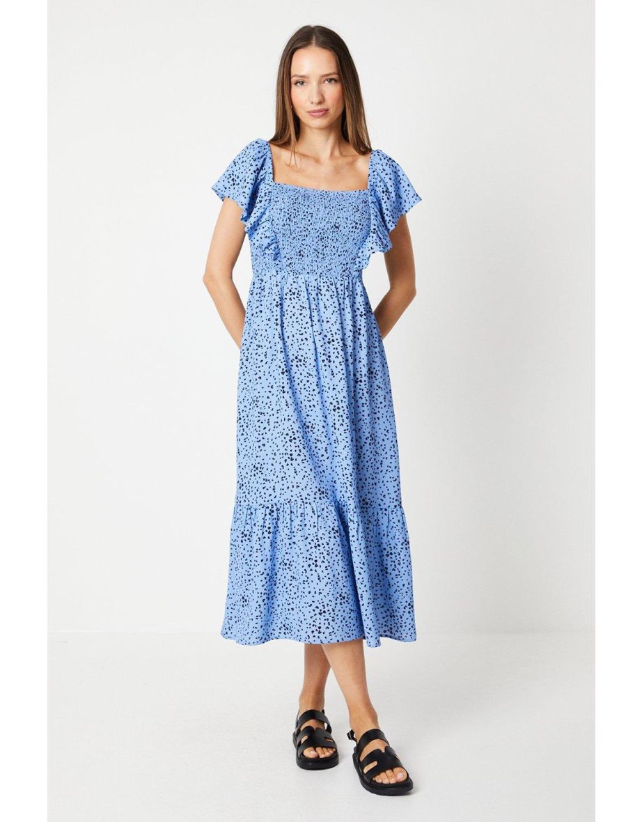 Blue Spot Shirred Bodice Ruffle Sleeve Dress
