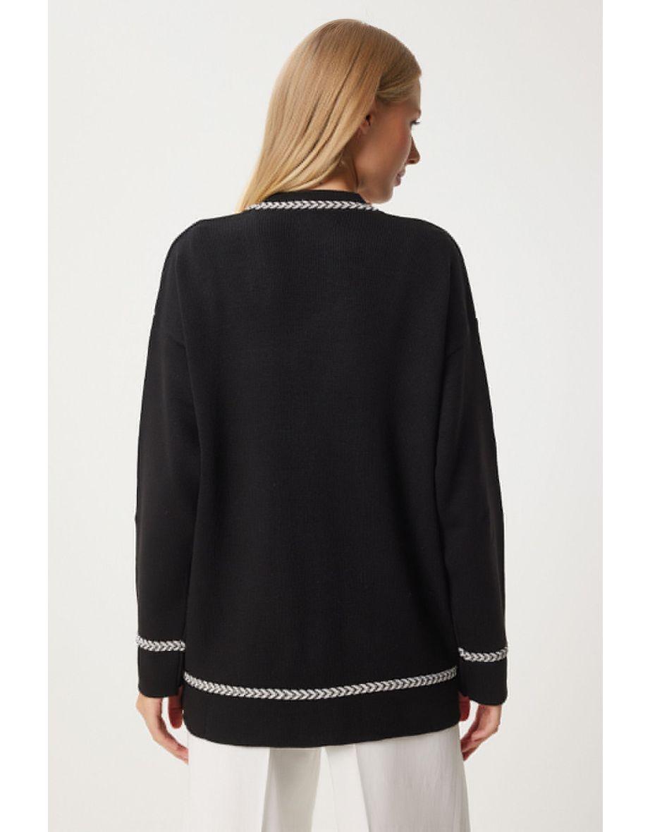 Women's Black Contrast Detail Pocket Long Knit Cardigan - 4