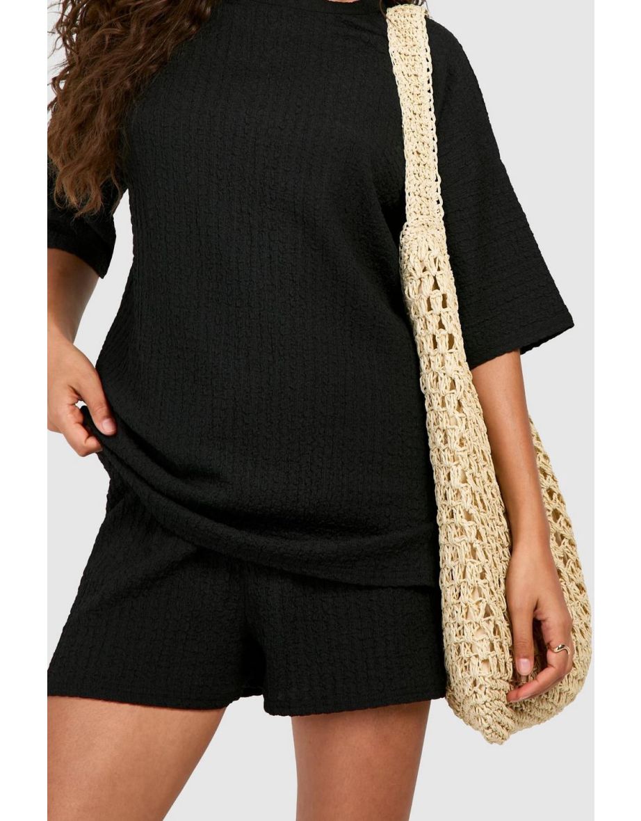 Textured Crinkle Drop Shoulder Tee & Shorts - black - 3