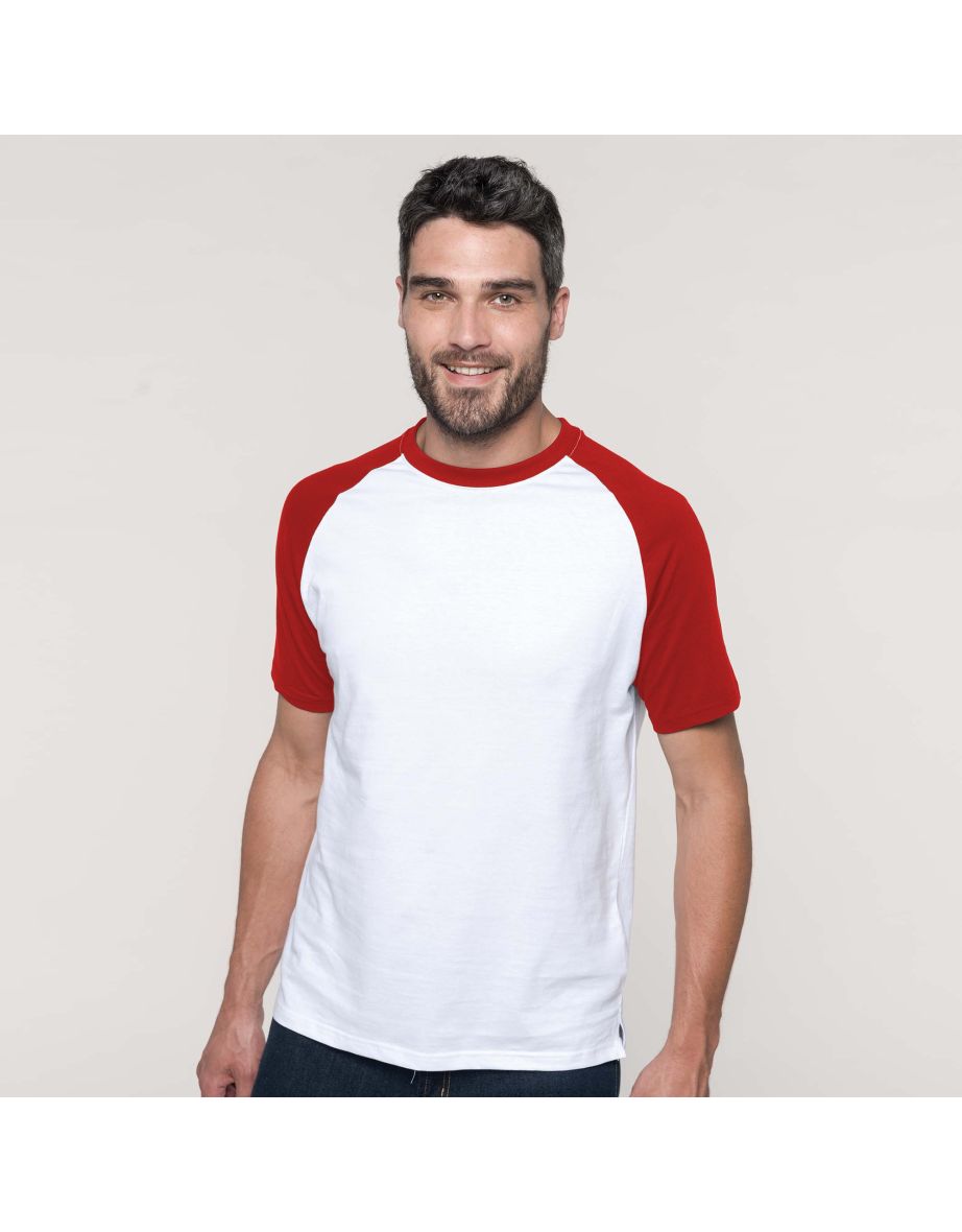 Kariban Mens Short Sleeve Baseball T-Shirt - White/Red - 2