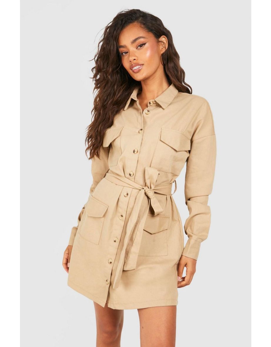 Shop Cotton Twill Utility Shirt Dress - stone Online in