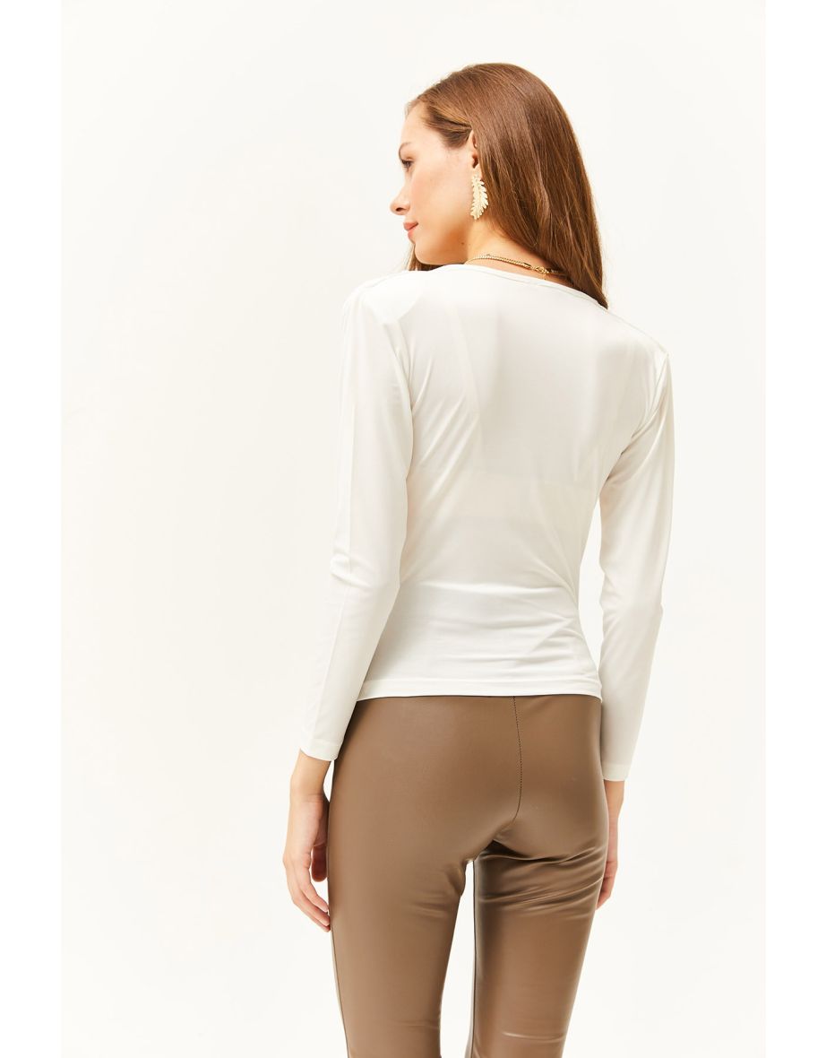 Women's Ecru Waistband Pleated Turndown Collar Blouse - 4