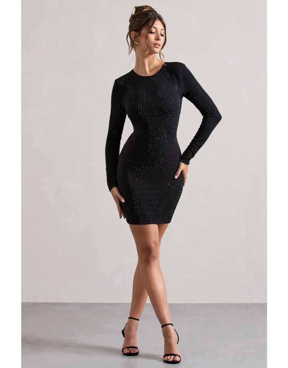 Stefani | Black Embellished Cowl-Back Long Sleeve Mini Dress
