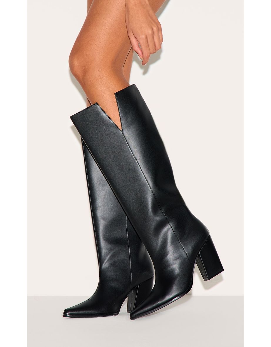 Black PU Point Toe Block Heeled Knee High Boot - 3