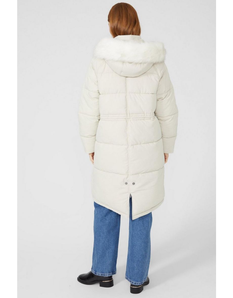 Fur Trim Hood Long Padded Coat - ivory - 3