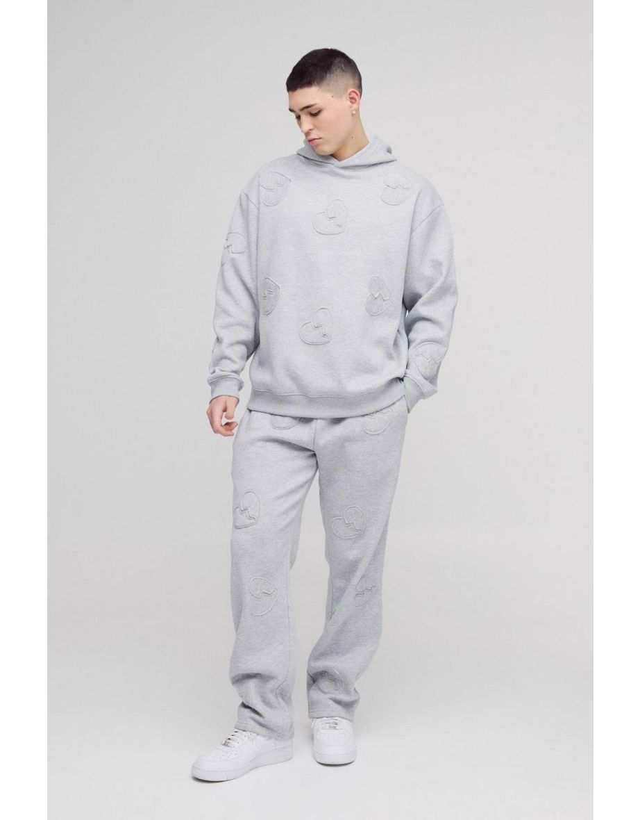 Oversized Boxy All Over Heart Applique Tracksuit - grey marl
