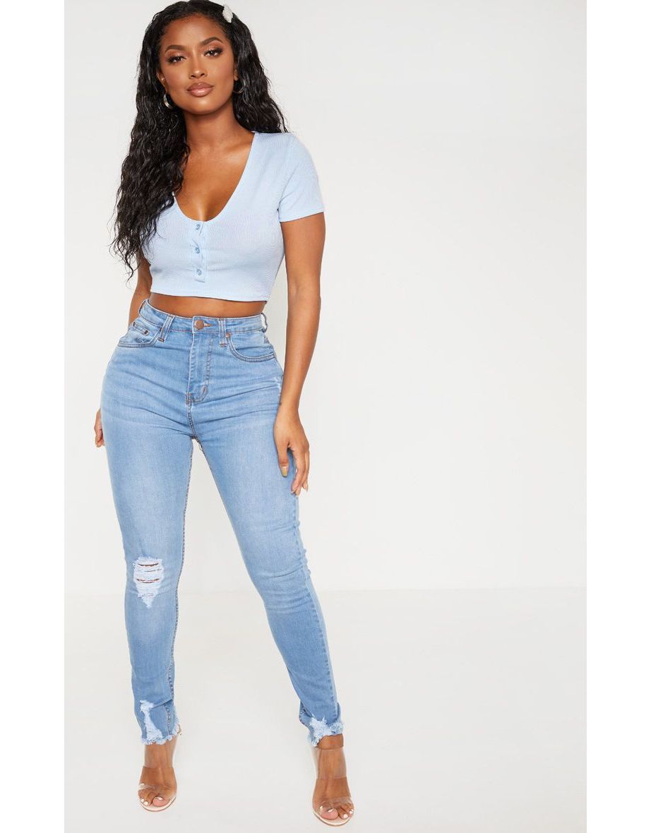 Shape Light Wash High Waisted Distressed Cuff Jeans