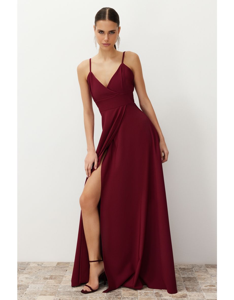 Burgundy Woven Long Elegant Evening Dress