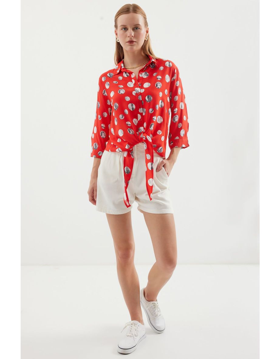 Tie Front Patterned Shirt - Red