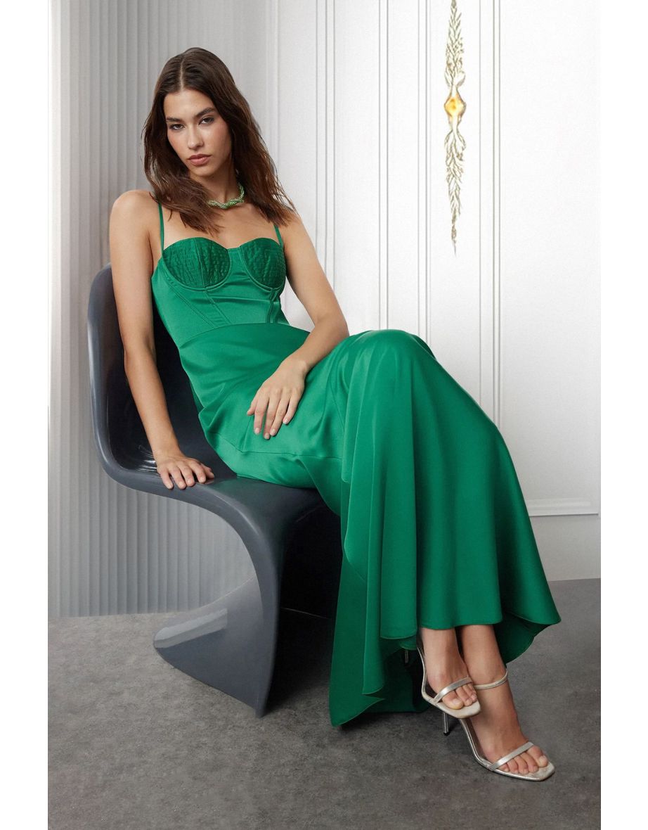 Emerald Green Woven Satin Mermaid Cut Long Evening Dress & Graduation Dress - 6