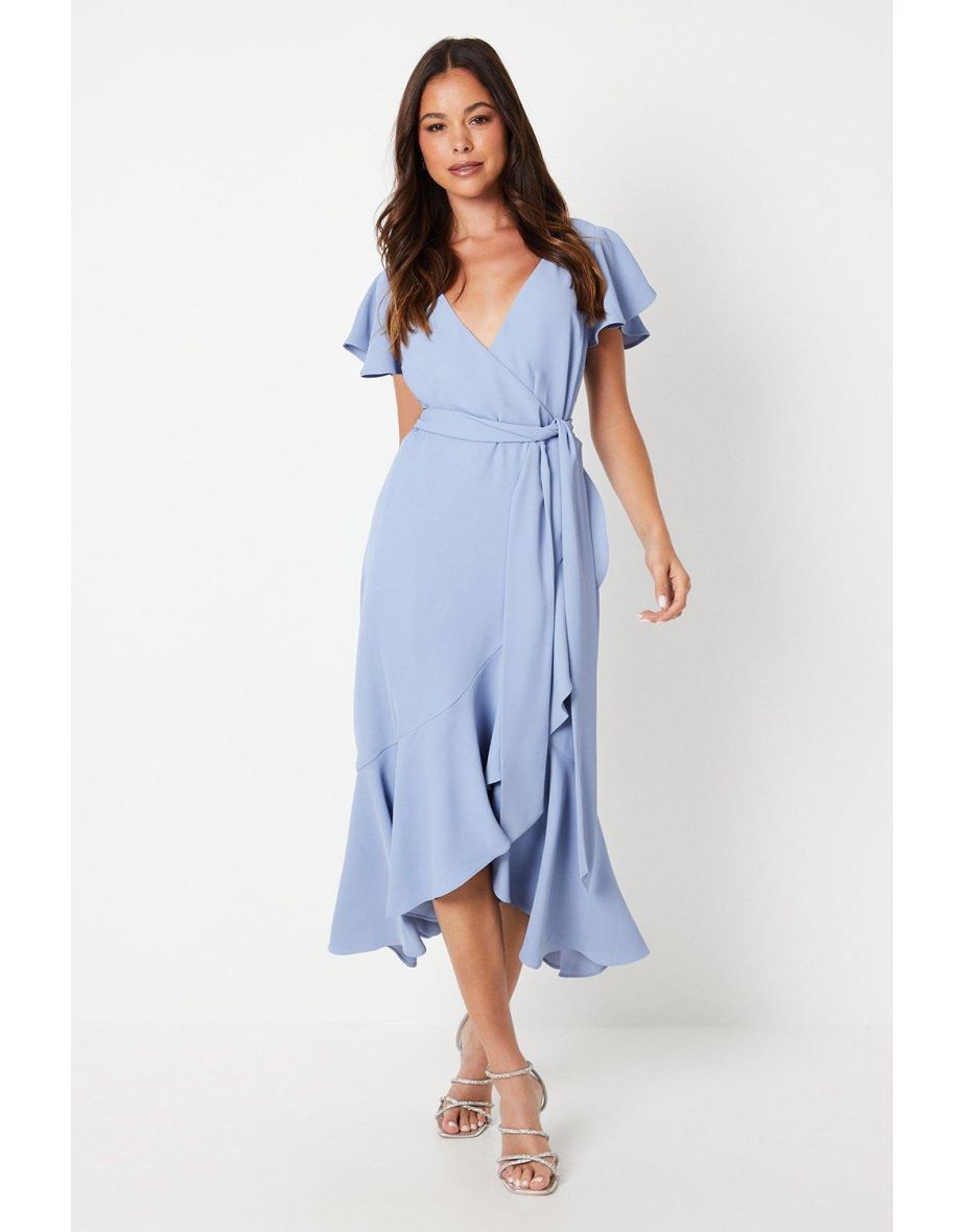 Ruffle Sleeve Wrap Flute Hem Crepe Dress