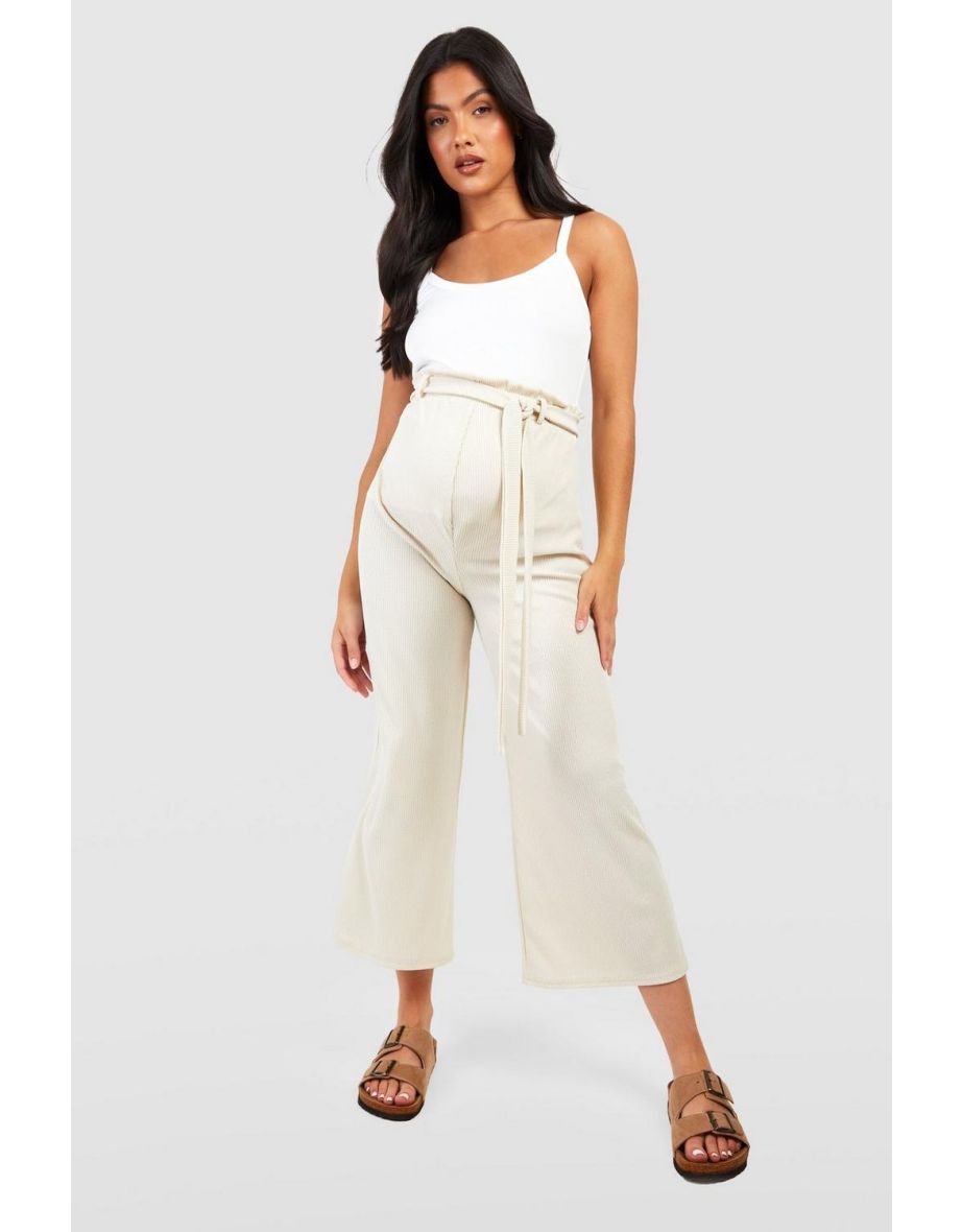 Maternity Crinkle Rib Belted Culotte - stone