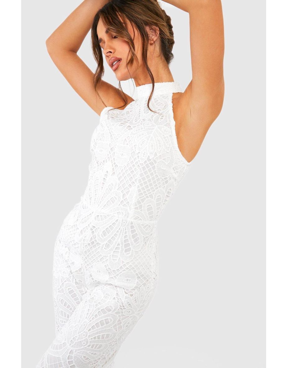 Halter Neck Crochet Wide Leg Jumpsuit - ivory - 3