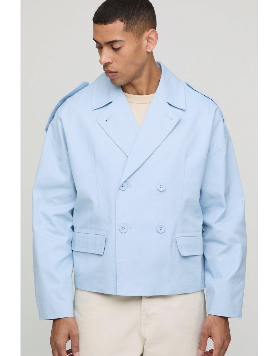 Oversized Boxy Double Breasted Twill Mac Jacket - light blue
