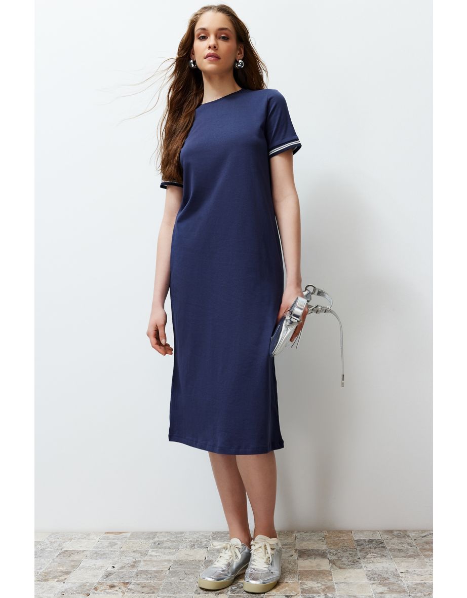 Navy Blue Knitwear Tape Detailed Crew Neck Short Sleeve Flexible Knitted Dress
