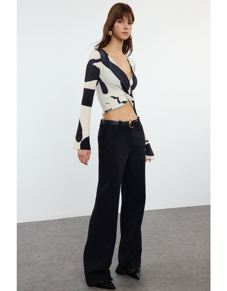 Abstract Patterned Pleated Knot Detailed Crop/Short Spanish Sleeve Top