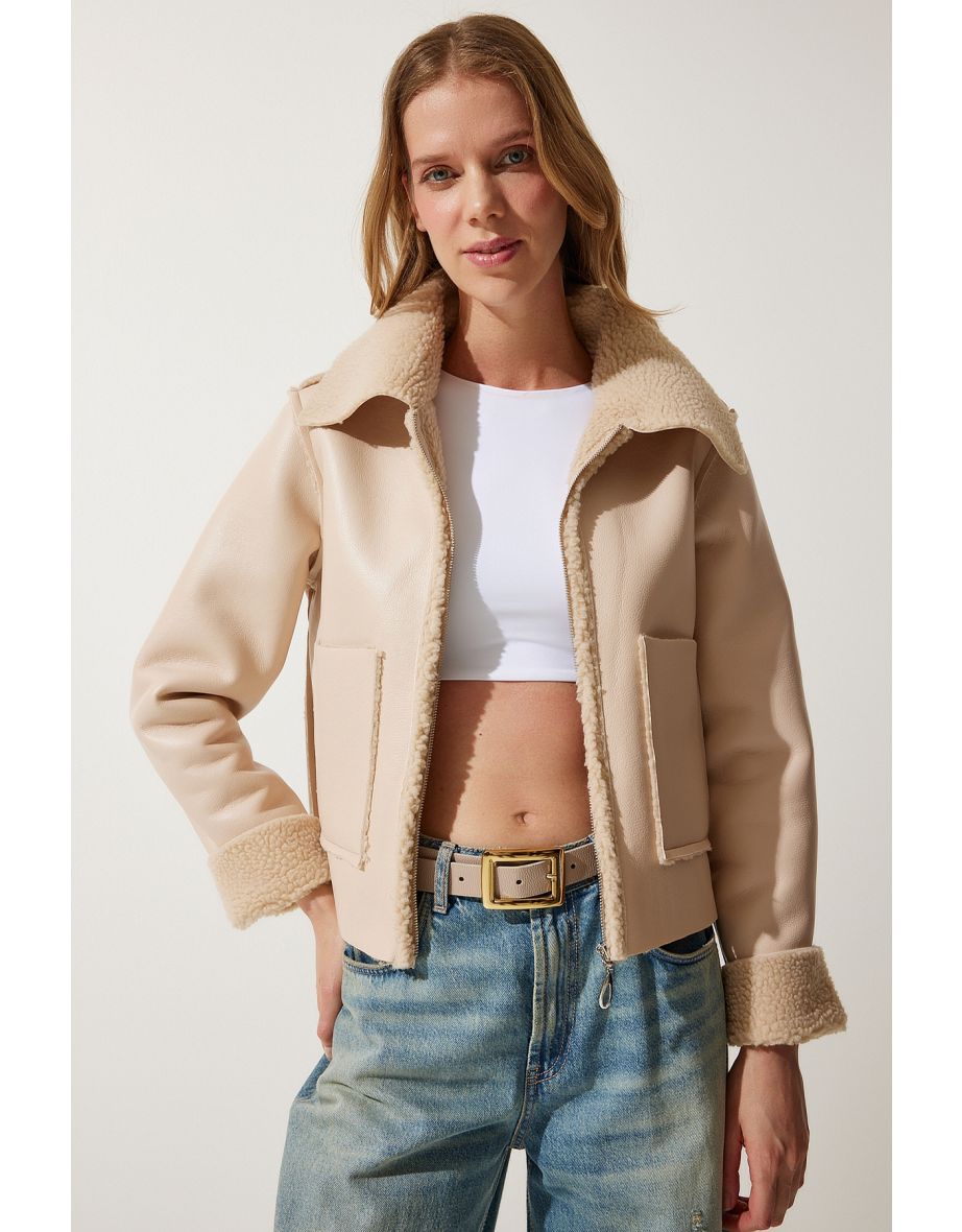 Women's Cream Fur Collar Wide Pocket Faux Leather Jacket