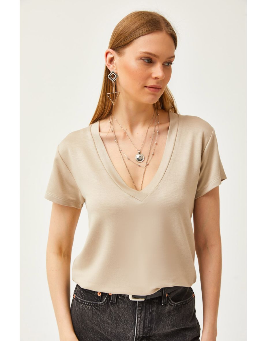 Women's Beige Deep V-Neck Modal Button T-Shirt - 6