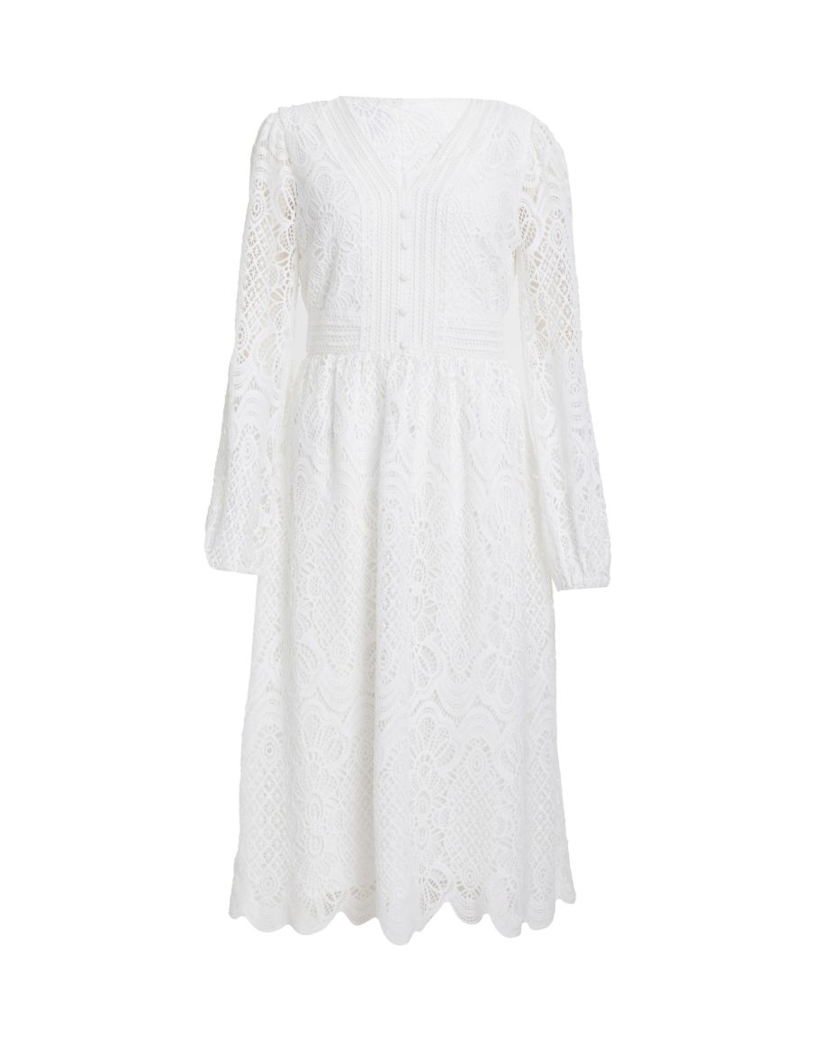 White Crochet Lace Long Sleeve Midi Dress - 5