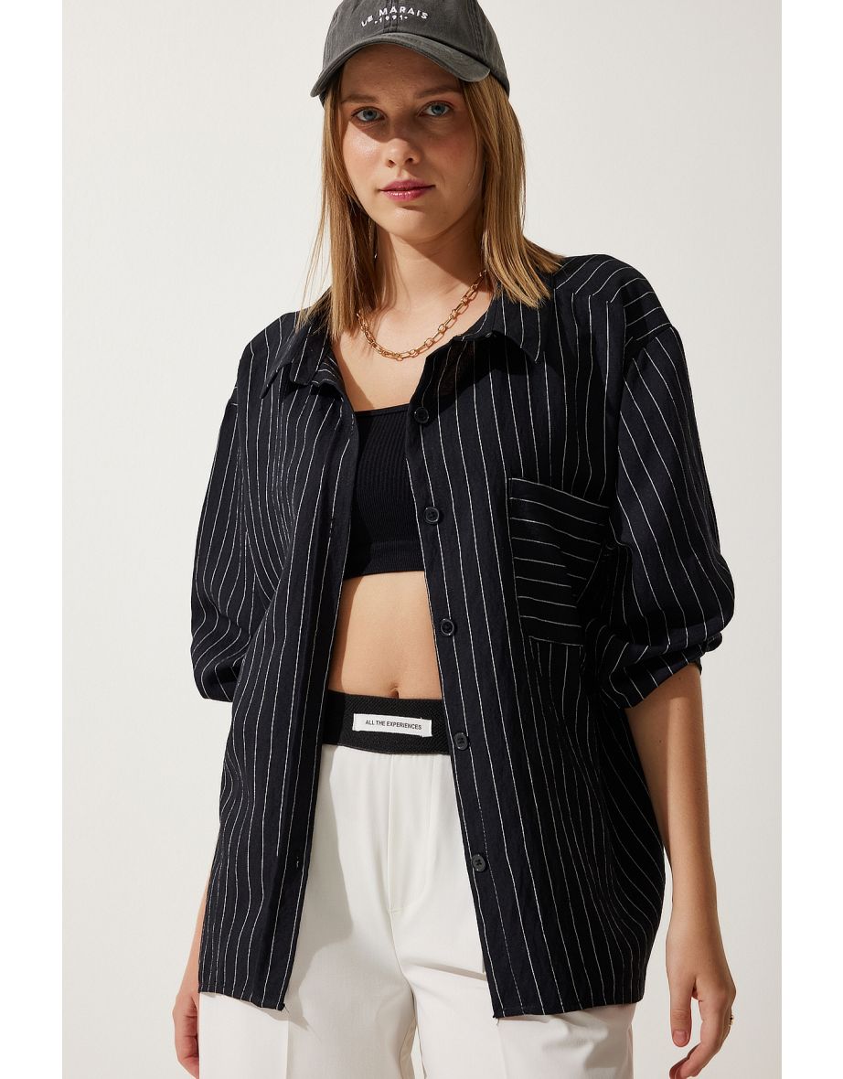 Women's Black Striped Pocket Viscose Shirt