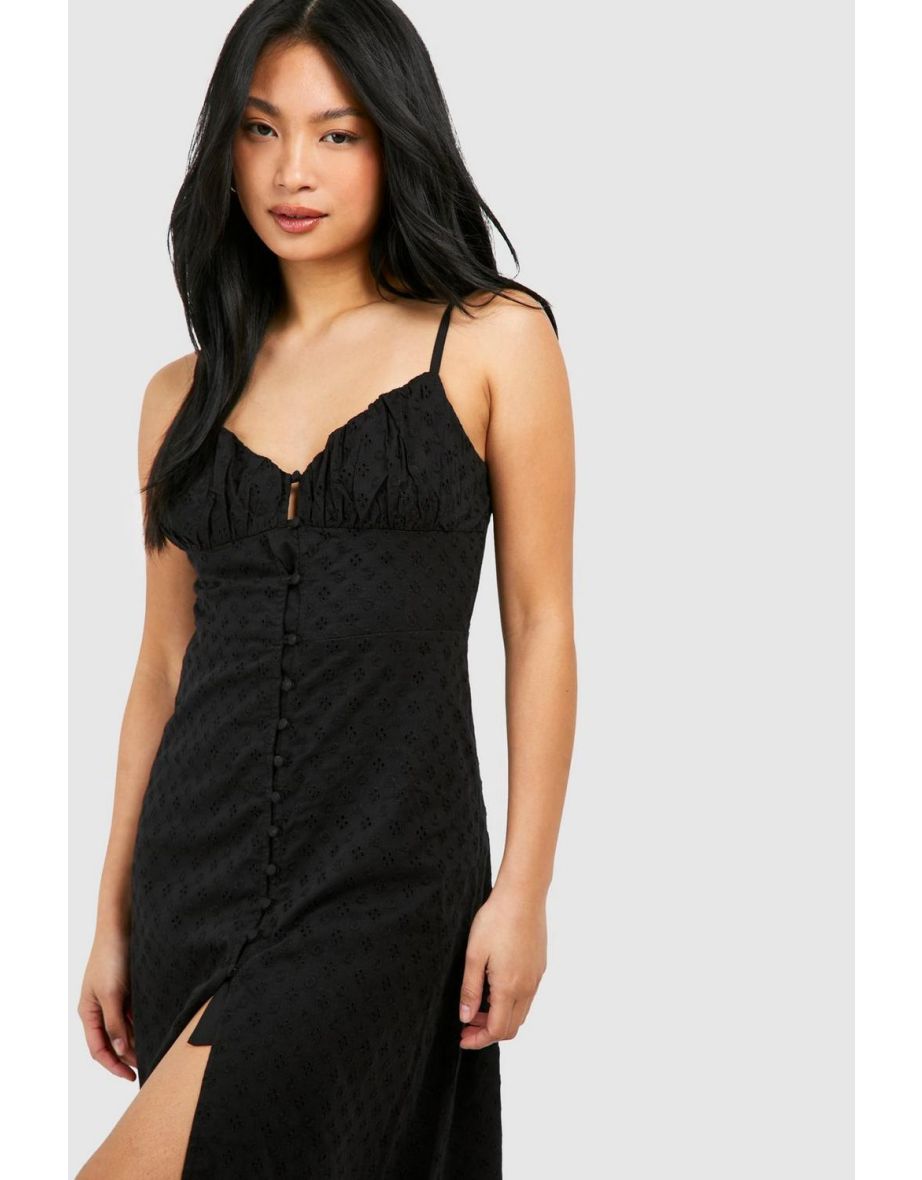 Petite Broderie Button Detail Midi Dress - black - 3