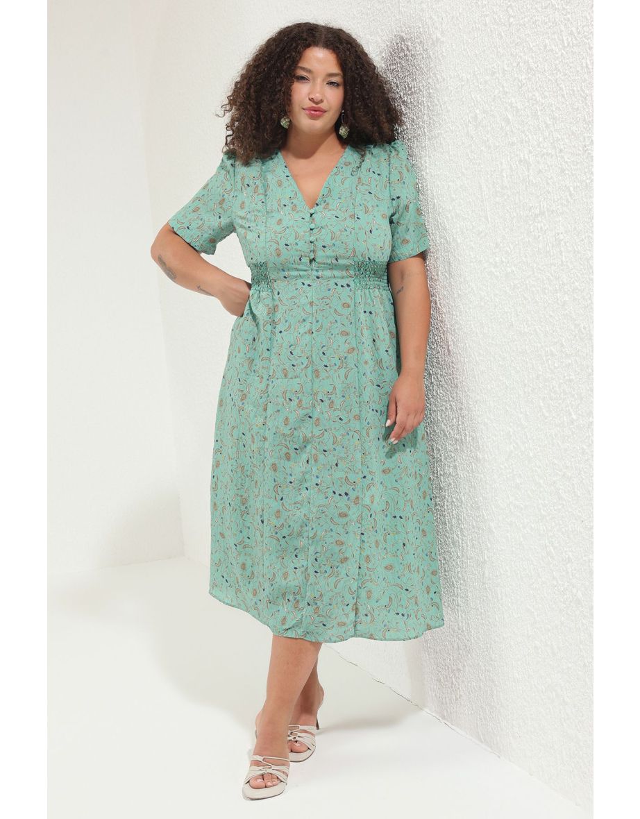 Green Floral A-Line Gimp Midi Woven Dress