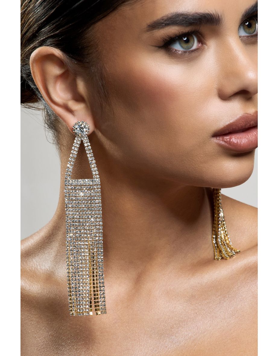 Glister | Gold Diamante Statement Tassel Earrings - 3