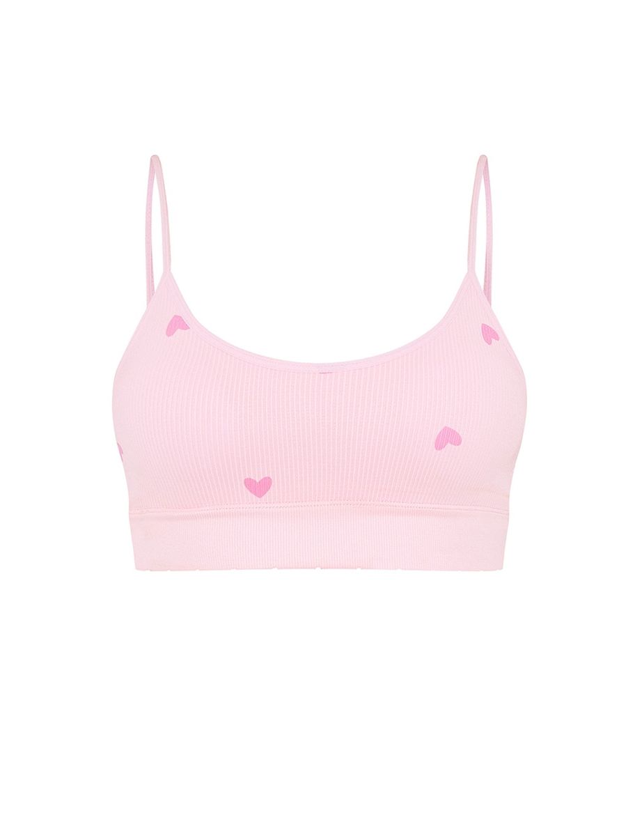 Pink Heart Print Ribbed Scoop Neck Bralette - 3