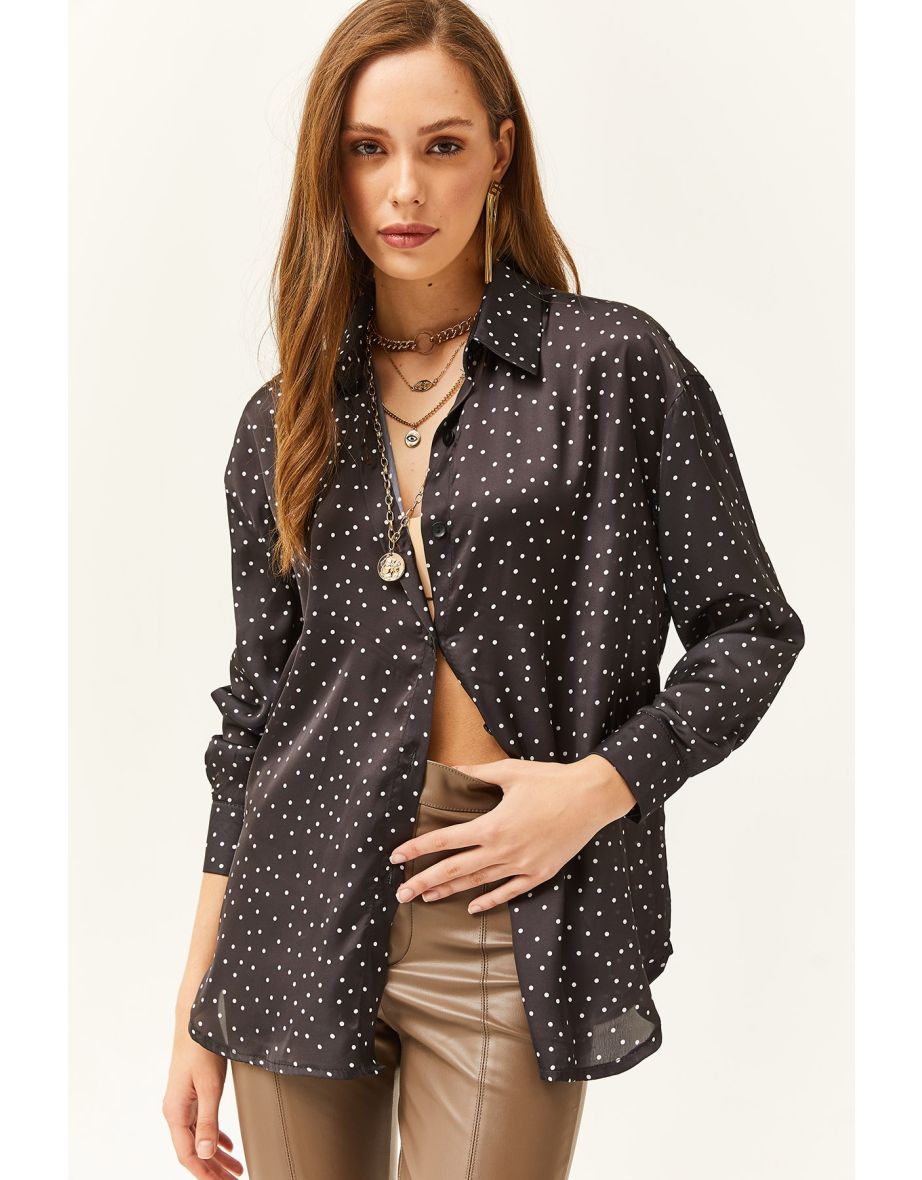 Women's Polka Dot Black Patterned Oversize Satin Shirt - 4