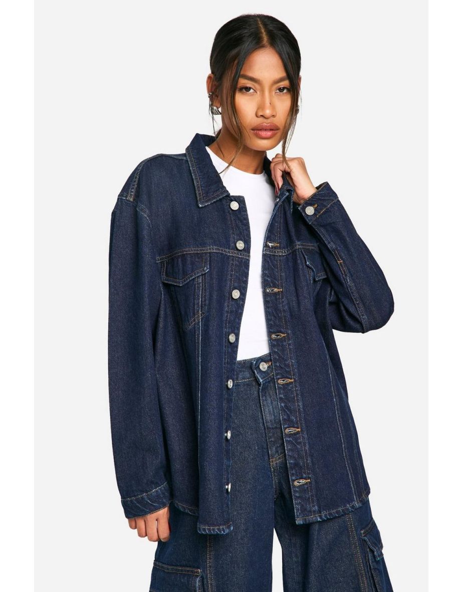 Oversized Contrast Stitch Raw Indigo Denim Jacket - dark indigo