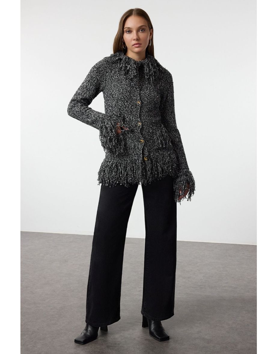 Black Fringed Coat-Look Knitwear Cardigan