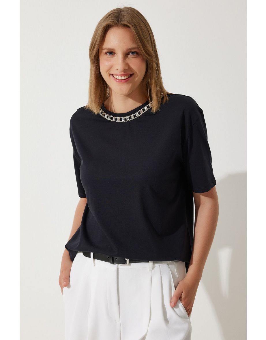 Women's Black Collar Chain Necklace 100% Cotton Knitted T-Shirt