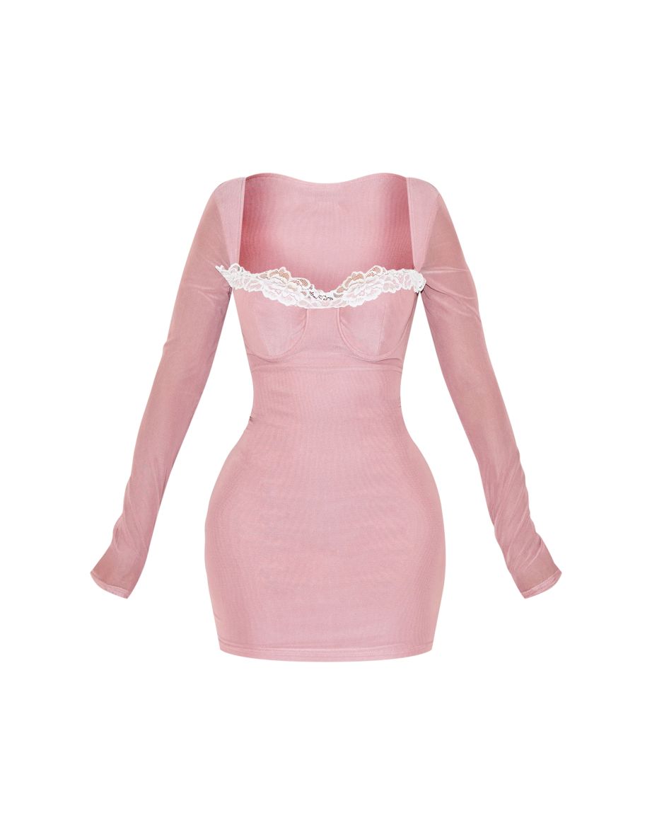 Shape Pink Mesh Underwired Lace Trim Long Sleeve Mini Dress - 4