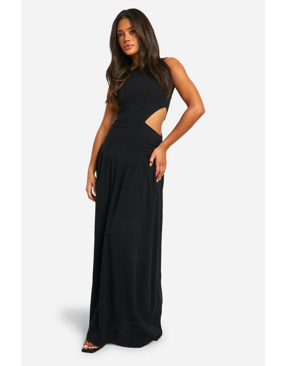 Linen Cold Shoulder Cut Out Midaxi Dress - black