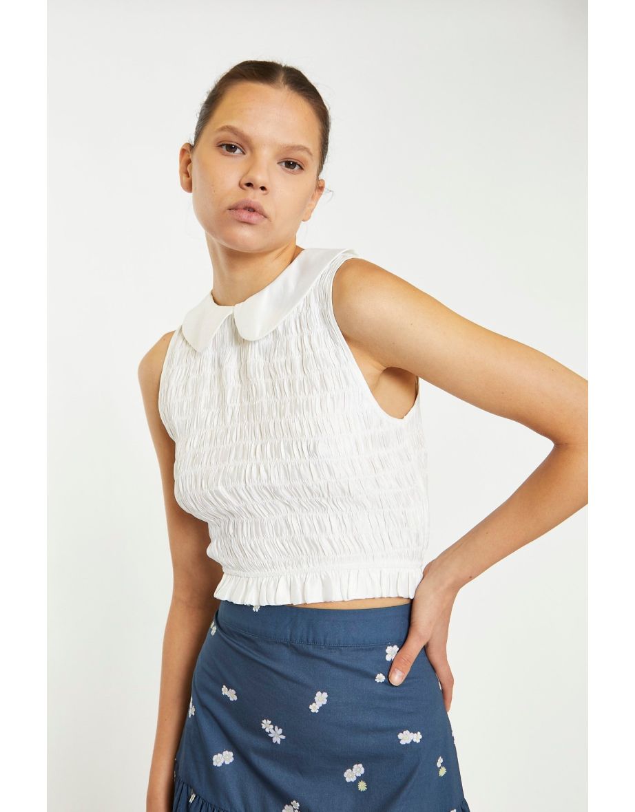 Off White Smocked Collar Crop-Top - 3