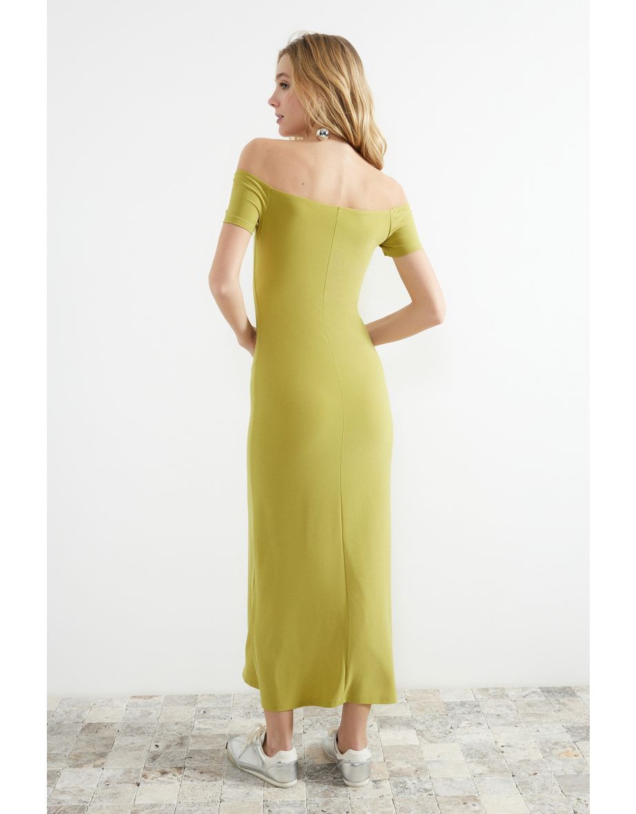 Green Carmen Neckline Fitted/Sleeping Maxi Stretchy Knitted Maxi Dress - 7