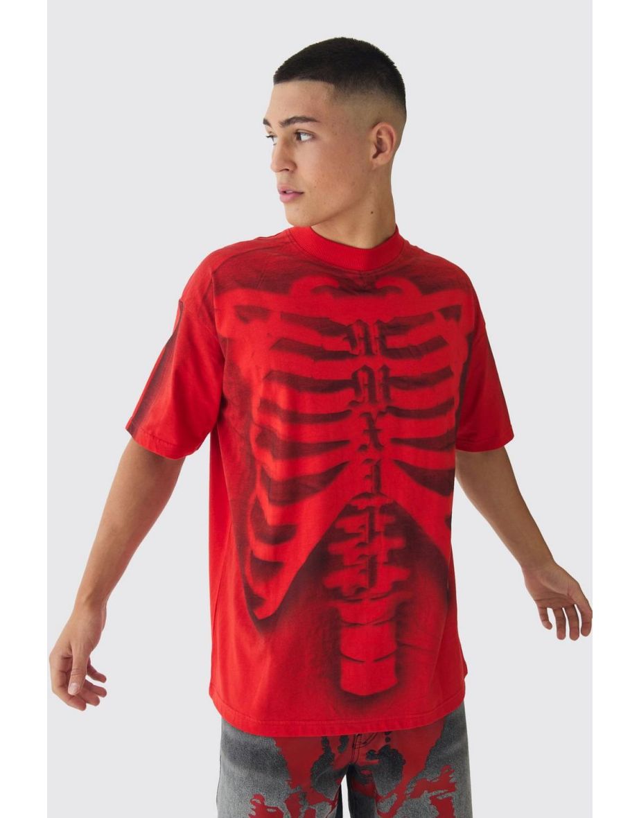 Oversized Extended Neck Skeleton Print T-Shirt - red