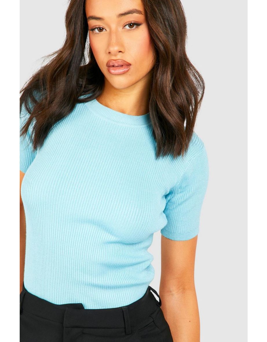 Rib Knit Crew Neck Short Sleeve Knitted Top - bright blue - 3