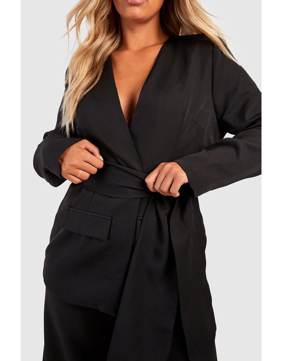 Plus Woven Tie Belt Pocket Blazer - black - 3