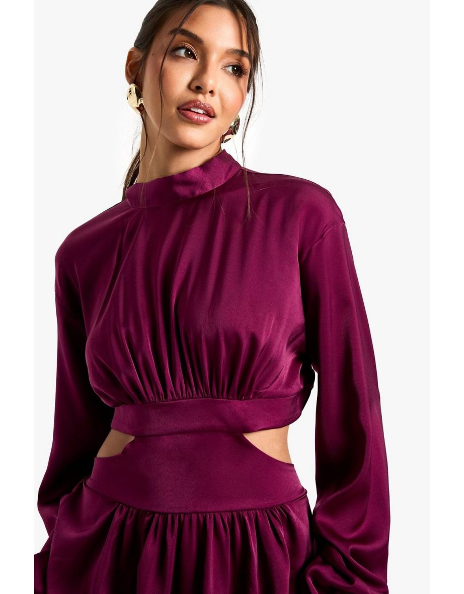 Satin High Neck Dress - plum - 3