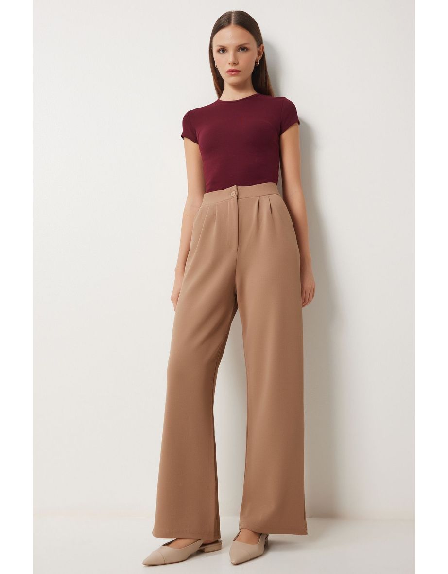 Women's Biscuit Lycra Comfortable Palazzo Knitted Trousers