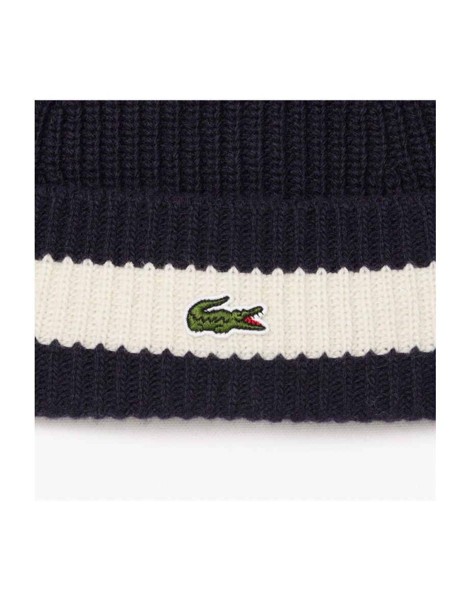 Lacoste Croc Logo Colour Block Ribbed Beanie Navy - navy - 1