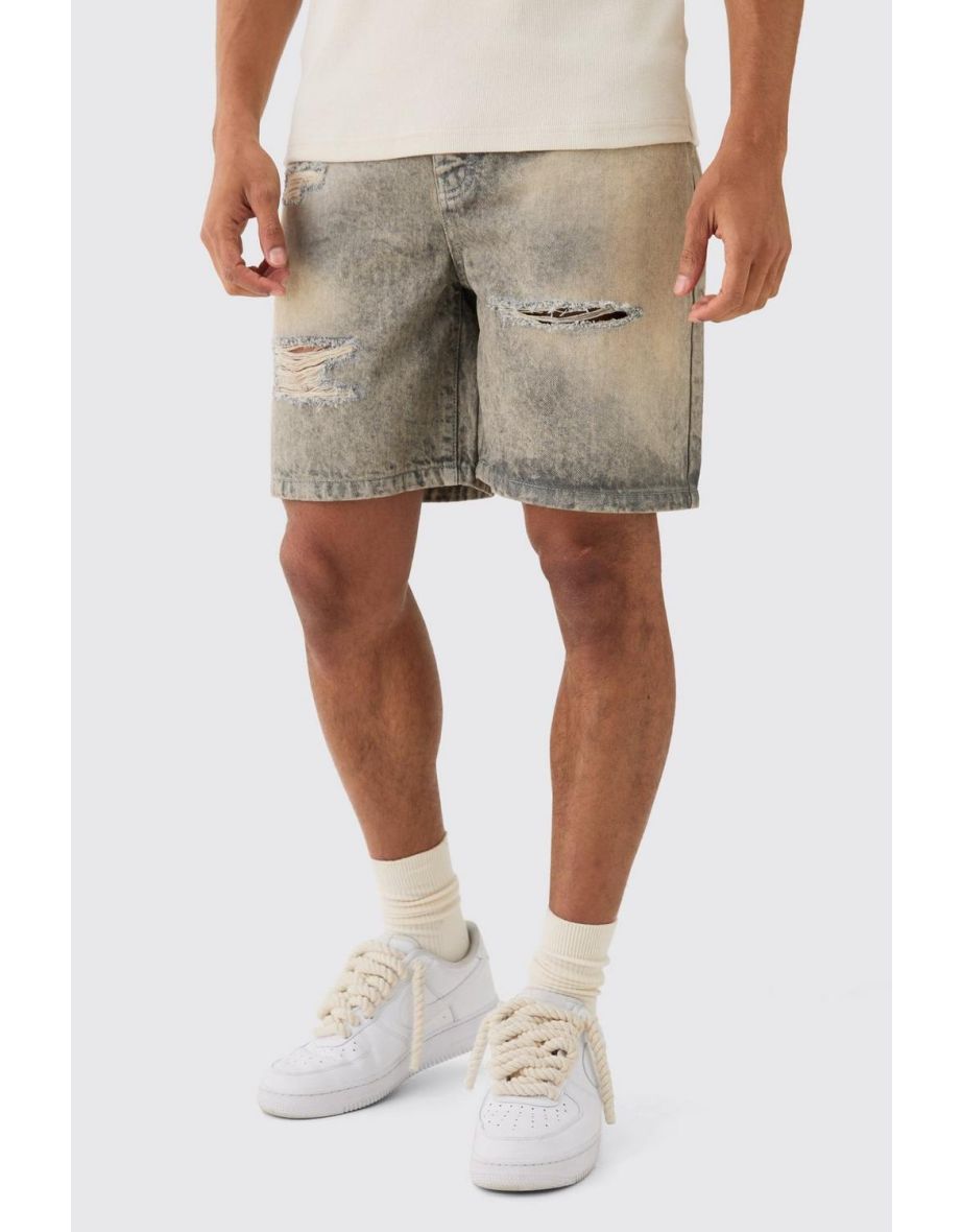 Relaxed Rigid Tinted Ripped Denim Shorts - ecru