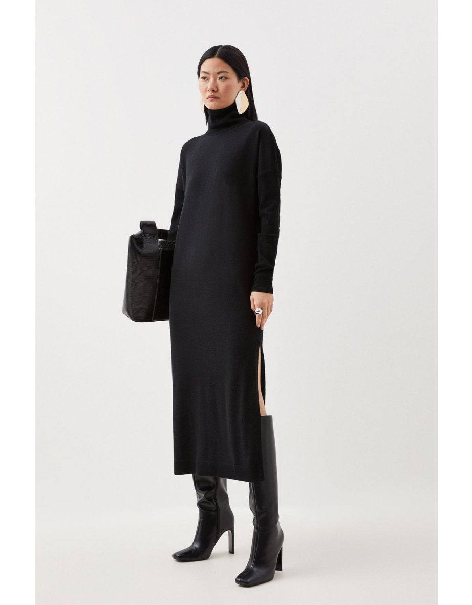 Merino Wool Relaxed Fit Roll Neck Knit Midaxi Dress