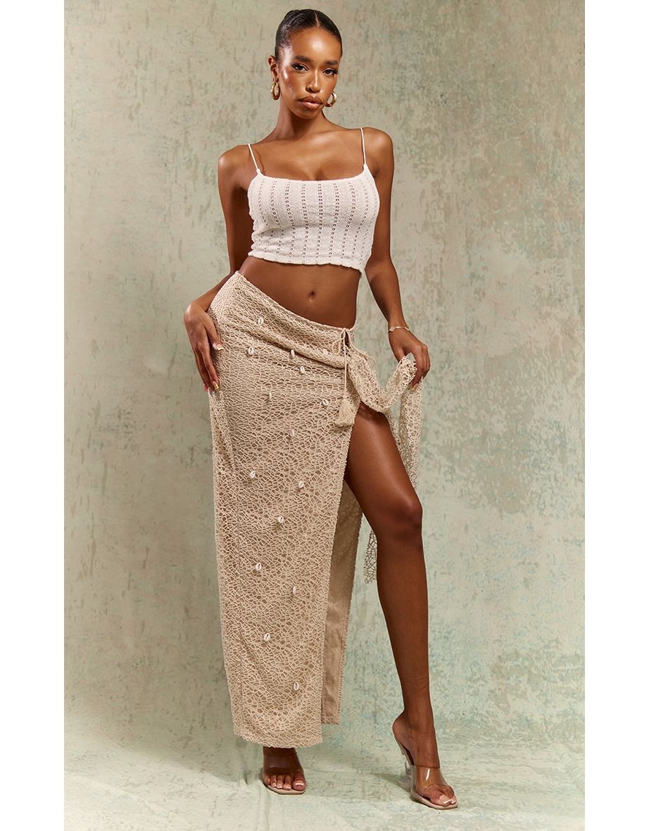 Beige Shell Detail Wrap Front Maxi Skirt