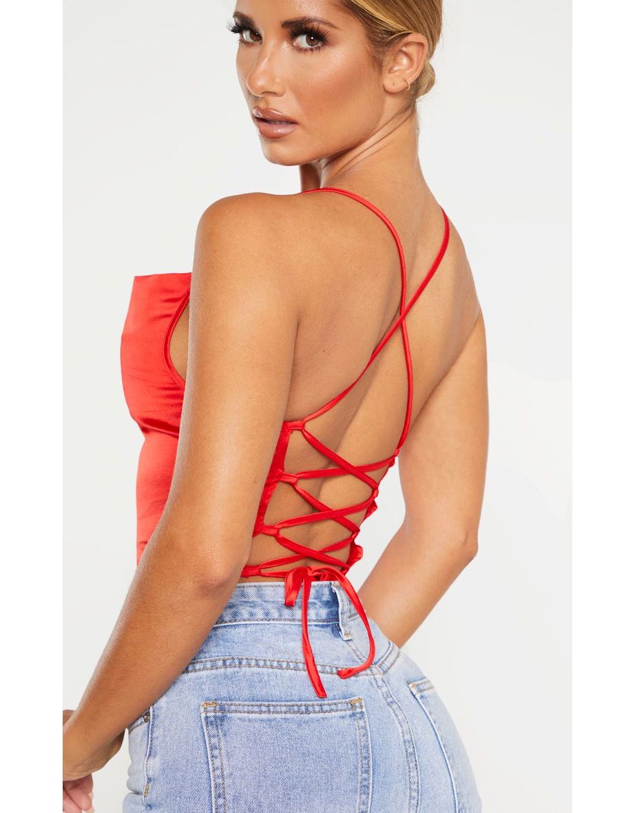 Red Satin Strappy Back Cowl Neck Cami - 3